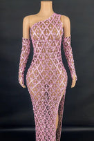Jessica Bara Xenon One Shoulder Crystal Slit Maxi Dress With Gloves