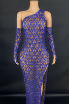 Jessica Bara Xenon One Shoulder Crystal Slit Maxi Dress With Gloves