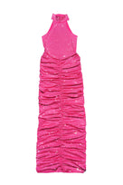Jessica Bara Jara High Neck Halter Ruched Crystal Maxi Dress