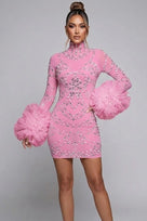Jessica Bara Xerani Crystal Long Sleeve Ruffle Mini Dress