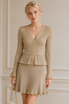 Jessica Bara Dellas Knit Gold Button Peplum Long Sleeve Mini Dress