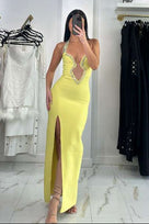 Jessica Bara Shahaira Crystal Cut Out Slit Maxi Dress