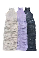 Jessica Bara Jara High Neck Halter Ruched Crystal Maxi Dress