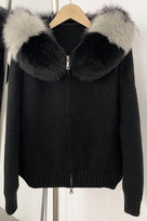 Jessica Bara Ajoni Fur Hood Knit Zip Up Sweater