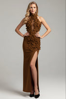 Jessica Bara Vraka Flower Halter Cut Out Slit Maxi Dress