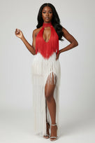 Jessica Bara Reesia Crystal Fringe Cut Out Slit Maxi Dress