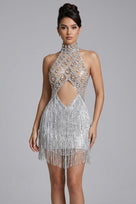 Jessica Bara Shiela High Neck Halter Crystal Fringe Mini Dress