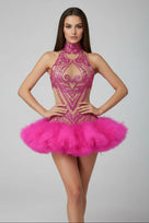 Jessica Bara Hazira Crystal Halter Ruffle Mini Dress