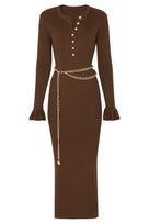 Jessica Bara Fity Gold Button Long Sleeve Midi Dress