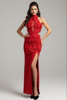Jessica Bara Vraka Flower Halter Cut Out Slit Maxi Dress