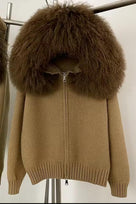 Jessica Bara Ajoni Fur Hood Knit Zip Up Sweater