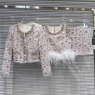 Jessica Bara Gerselle Tweed Feather Top with Jacket and Mini Skirt Three Piece Set