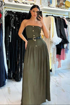 Jessica Bara Amzira Gold Button Strapless Tube Maxi Dress