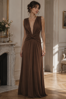 Jessica Bara Ambeda Deep V-Neck Backless Ruched Gown