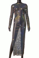 Jessica Bara Avidazel Metallic Glitter Long Sleeve Maxi Dress