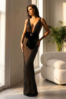 Jessica Bara Avinel Deep V-Neck Mesh Ribbon Maxi Dress