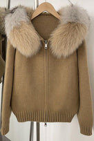 Jessica Bara Ajoni Fur Hood Knit Zip Up Sweater