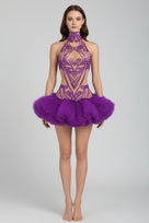 Jessica Bara Hazira Crystal Halter Ruffle Mini Dress
