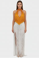 Jessica Bara Reesia Crystal Fringe Cut Out Slit Maxi Dress