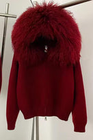 Jessica Bara Ajoni Fur Hood Knit Zip Up Sweater