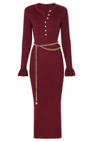 Jessica Bara Fity Gold Button Long Sleeve Midi Dress