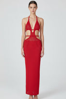 Jessica Bara Katana Crochet Halter Cut Out Maxi Dress