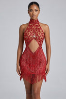 Jessica Bara Shiela High Neck Halter Crystal Fringe Mini Dress