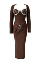Jessica Bara Katalina Long Sleeve Corset Crystal Maxi Dress