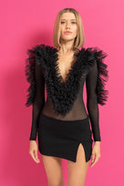 Jessica Bara Heraya Deep V-Neck Ruffle Bodysuit