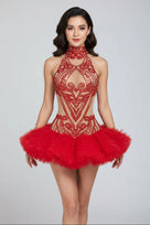 Jessica Bara Hazira Crystal Halter Ruffle Mini Dress