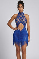 Jessica Bara Shiela High Neck Halter Crystal Fringe Mini Dress