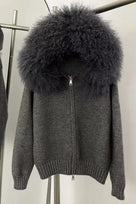 Jessica Bara Ajoni Fur Hood Knit Zip Up Sweater