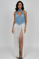 Jessica Bara Reesia Crystal Fringe Cut Out Slit Maxi Dress