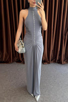 Jessica Bara Zebara High Neck Halter Ruched Maxi Dress