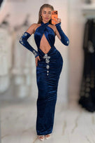 Jessica Bara Nila Velvet Halter Cut Out Maxi Dress with Sleeves
