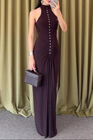 Jessica Bara Zebara High Neck Halter Ruched Maxi Dress