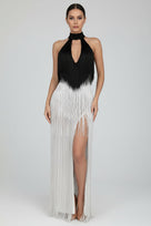 Jessica Bara Reesia Crystal Fringe Cut Out Slit Maxi Dress