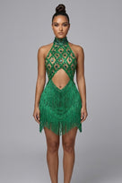 Jessica Bara Shiela High Neck Halter Crystal Fringe Mini Dress