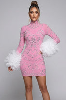 Jessica Bara Xerani Crystal Long Sleeve Ruffle Mini Dress