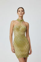 Jessica Bara Cashzera Crystal Halter Mini Dress