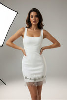 Jessica Bara Aklera Crystal Fringe Low Back Mini Dress