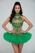 Jessica Bara Hazira Crystal Halter Ruffle Mini Dress