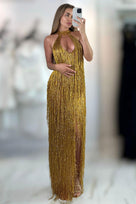 Jessica Bara Reesia Crystal Fringe Cut Out Slit Maxi Dress