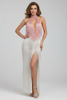 Jessica Bara Reesia Crystal Fringe Cut Out Slit Maxi Dress