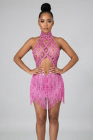 Jessica Bara Shiela High Neck Halter Crystal Fringe Mini Dress