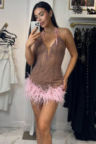 Jessica Bara Romand V Neck Crystal Feather Mini Dress