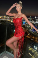 Jessica Bara Onyx Strapless Crystal Fringe Mini Dress