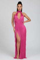 Jessica Bara Reesia Crystal Fringe Cut Out Slit Maxi Dress