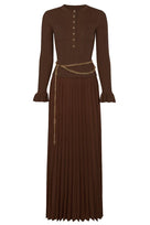 Jessica Bara Deborah Gold Button Long Sleeve Knit Top and Pleated Maxi Skirt Two Piece Set with Belt