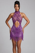 Jessica Bara Shiela High Neck Halter Crystal Fringe Mini Dress